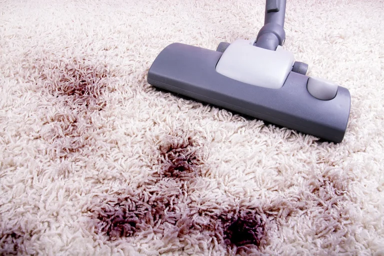 White carpet with large stains being cleaned.