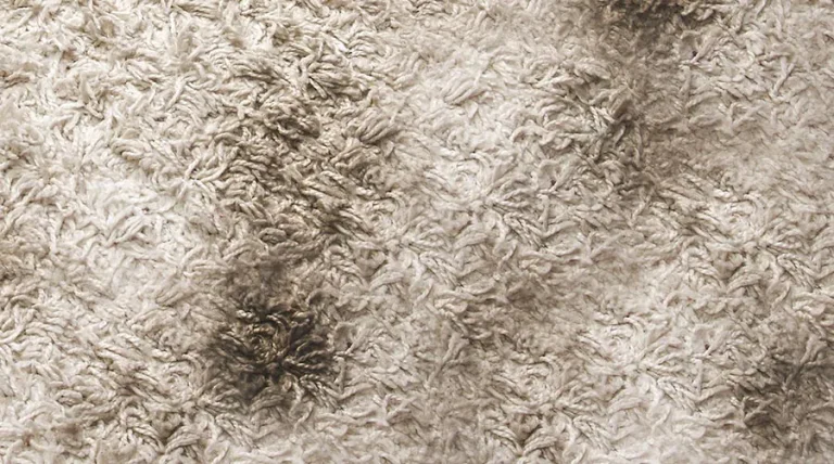 White carpet with dark stains.