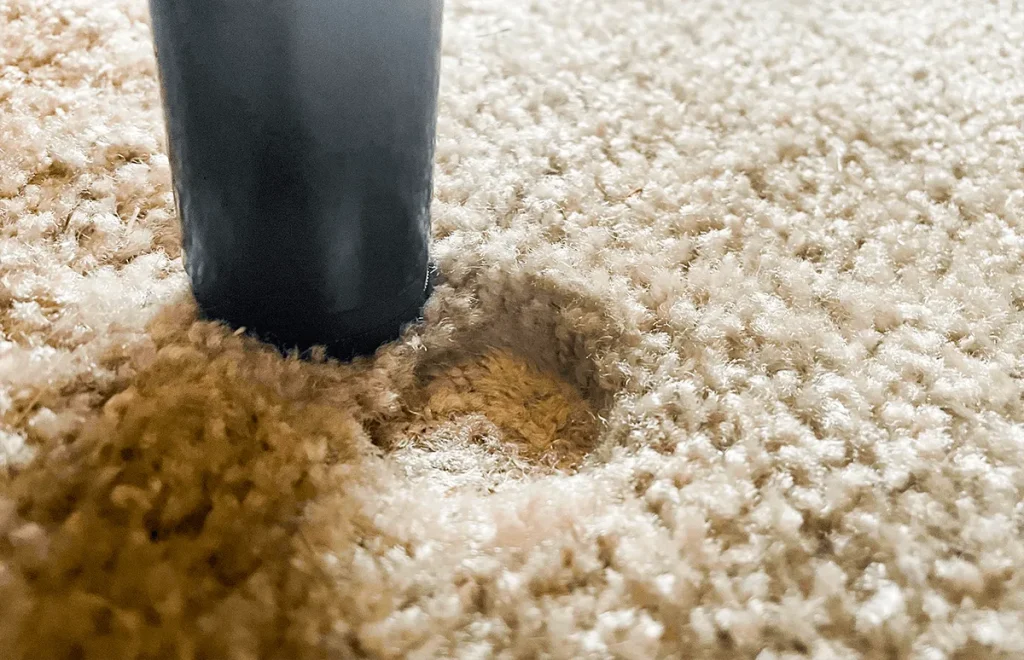 Furniture leg that has been moved an inch to reveal a dent that remains the in carpet.