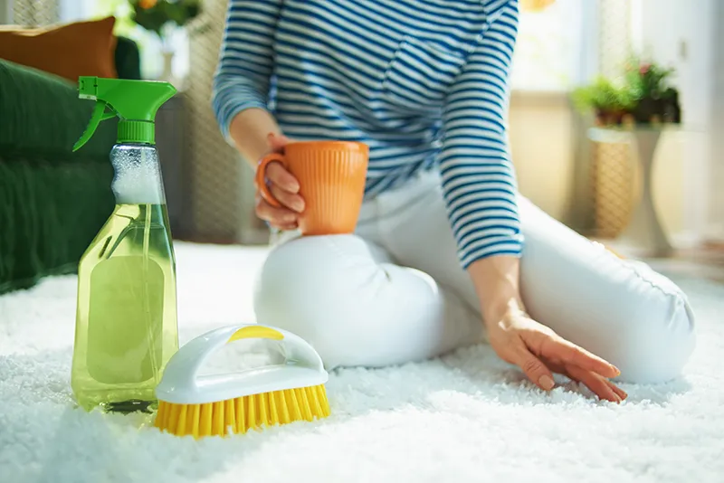 Woman touching clean carpet next to carpet cleaning spray and a scrubbing brush.