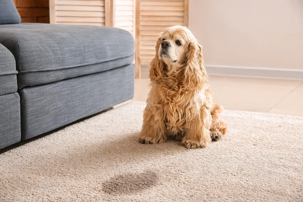 Dog sitting next to wet spot on the carpet.
