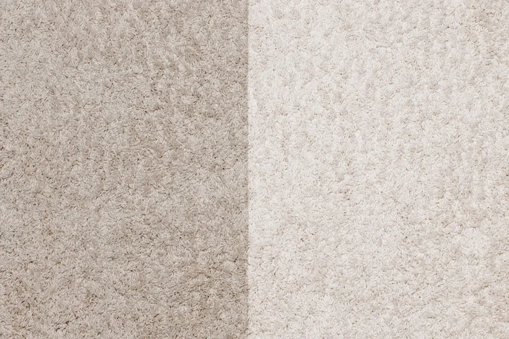 A white carpet that is half dirty and half clean.