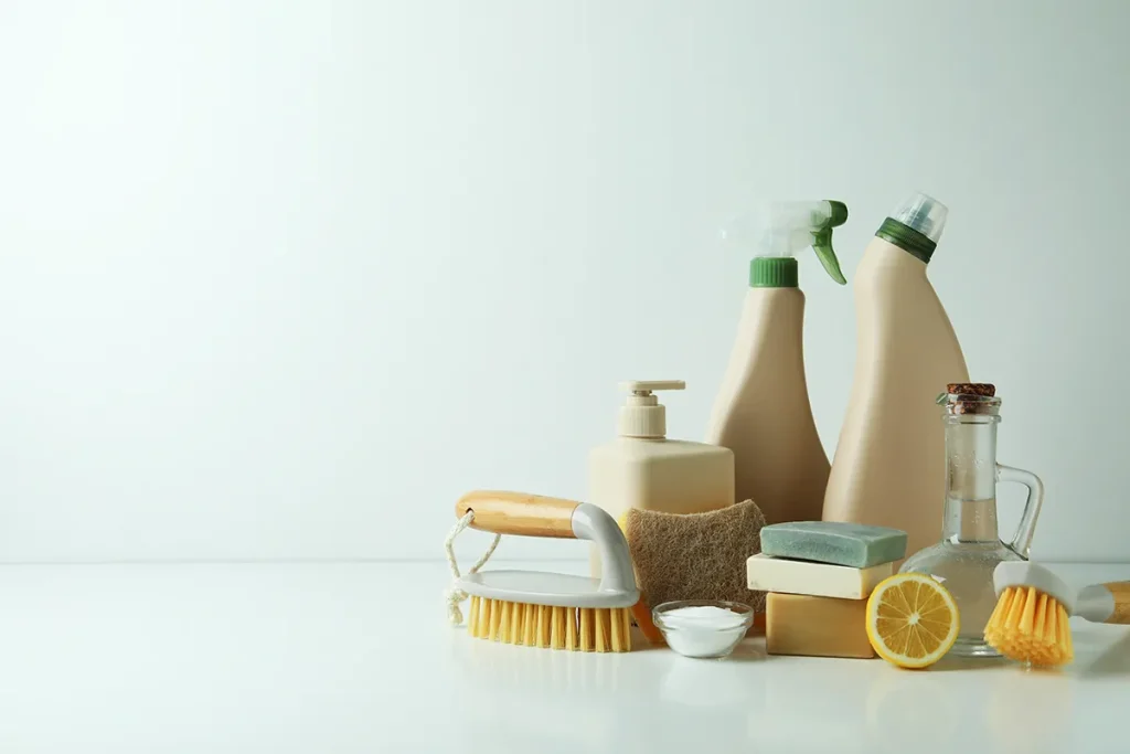 Cleaning solution bottles, scrubbing brushes, and natural cleaning ingredients.