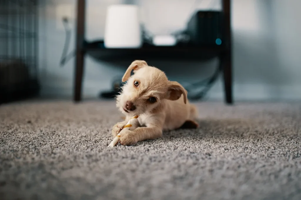 Small dog chewing a bone on a clean carpet.