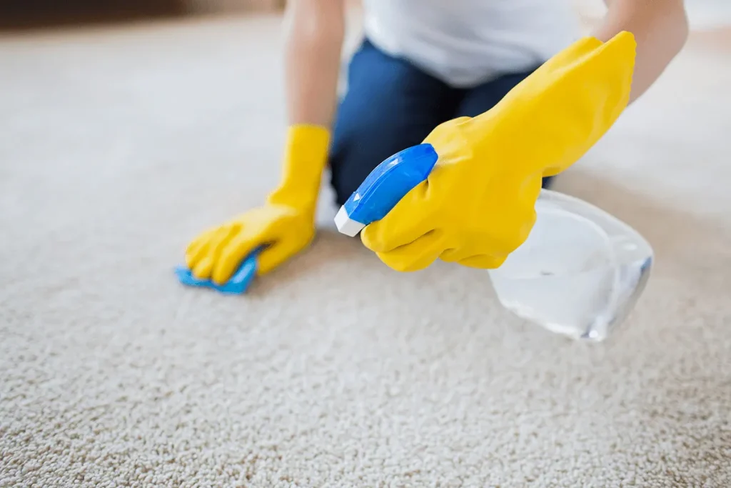 Person cleaning carpet with spray and a rag.