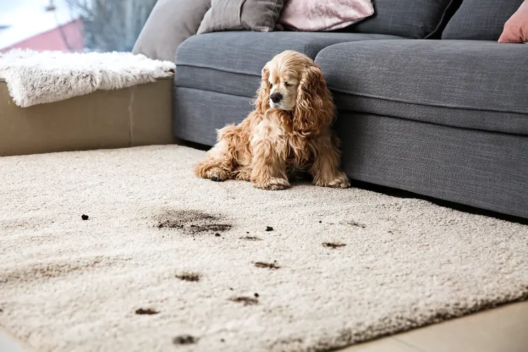 Dog tracking dirt on white carpet in living room.